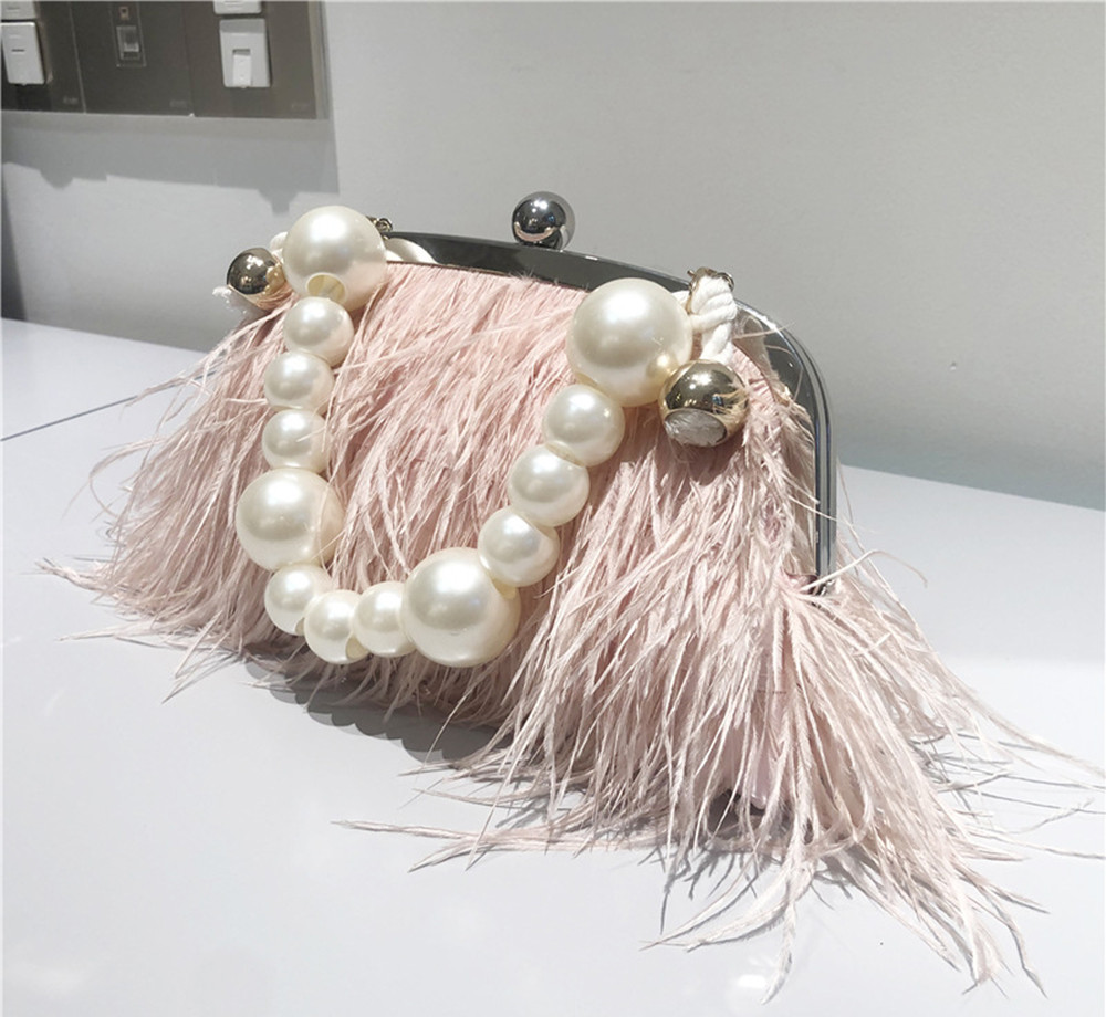 Vintage Fluffy Ostrich Feather Evening bags and Clutches for Women Pearl Chain Tote bags Bridal Purses Wedding Party Pink