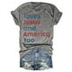 thumbnail image 2 of Camiseta patriótica para mujer del 4 de julio: estampado «Loves America Too», cuello redondo, top informal de verano - S-XXXL, 2 of 3