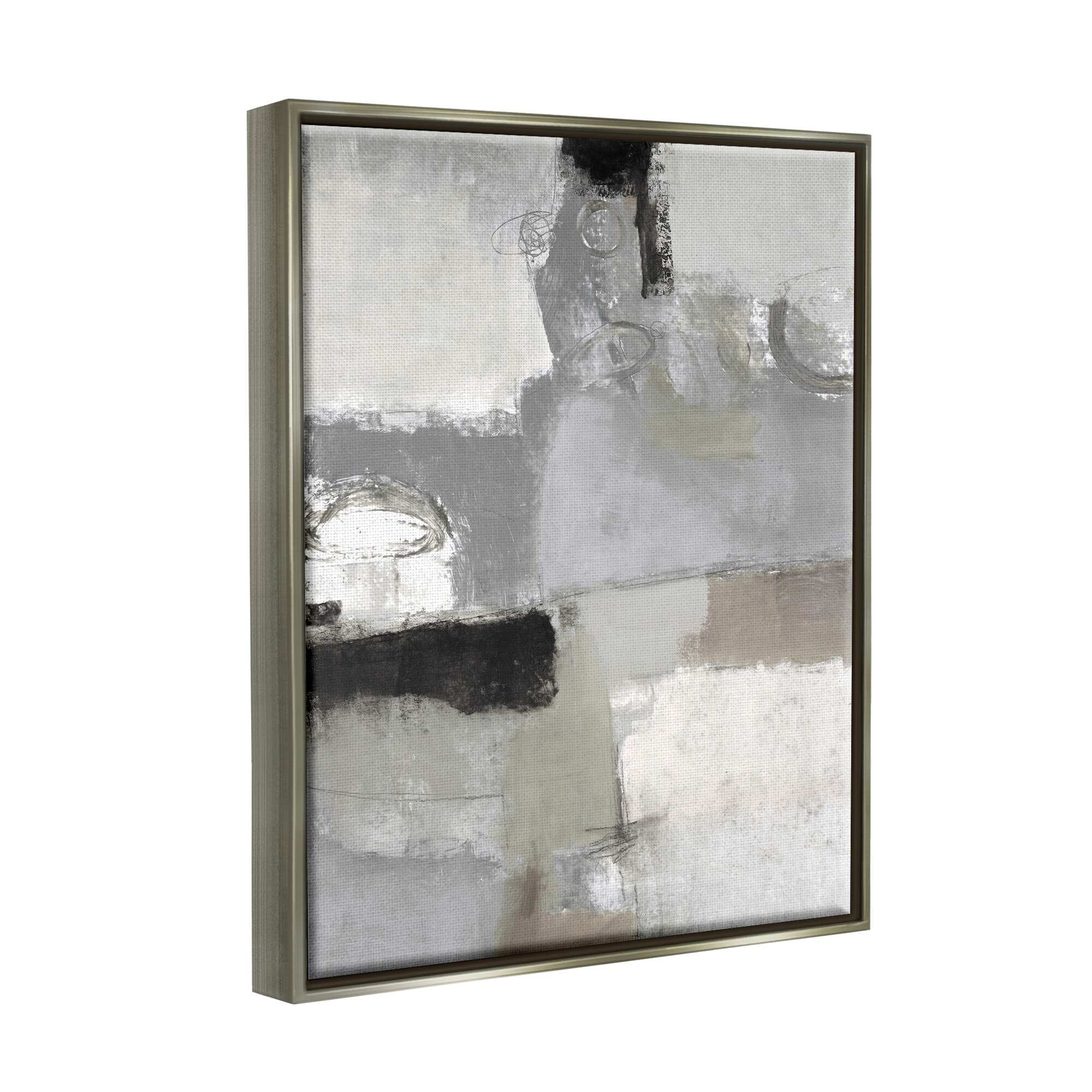 Stupell Industries Blocked Geometric Shapes Black Detail Circles Painting Luster Gray Floating Framed Canvas Print Wall Art, Design by Lisa Ridgers