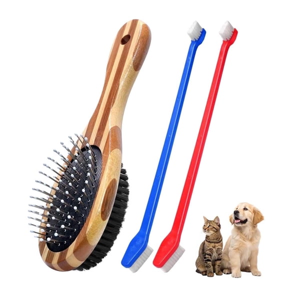 InnOrca Double Sided Bamboo Pet Grooming Brush, Pet Hair Remover for Dog Cat Shedding, Clothes, Couches & Rugs, Set with 2 Dual-Headed Pet Toothbrushes