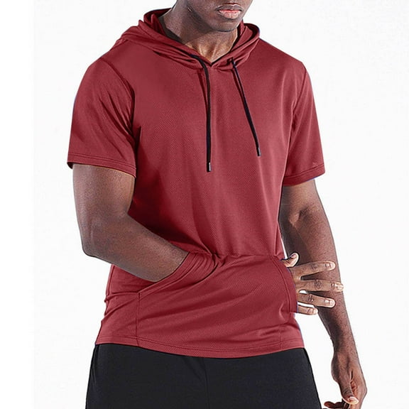 Njoeus Men's Casual Hooded T-Shirts Mens Short Sleeve Athletic Hoodies Sweatshirt with Pocket Solid Color Men Fashion Sports Pullover Tops Summer Clothing M-3X Red Clearance