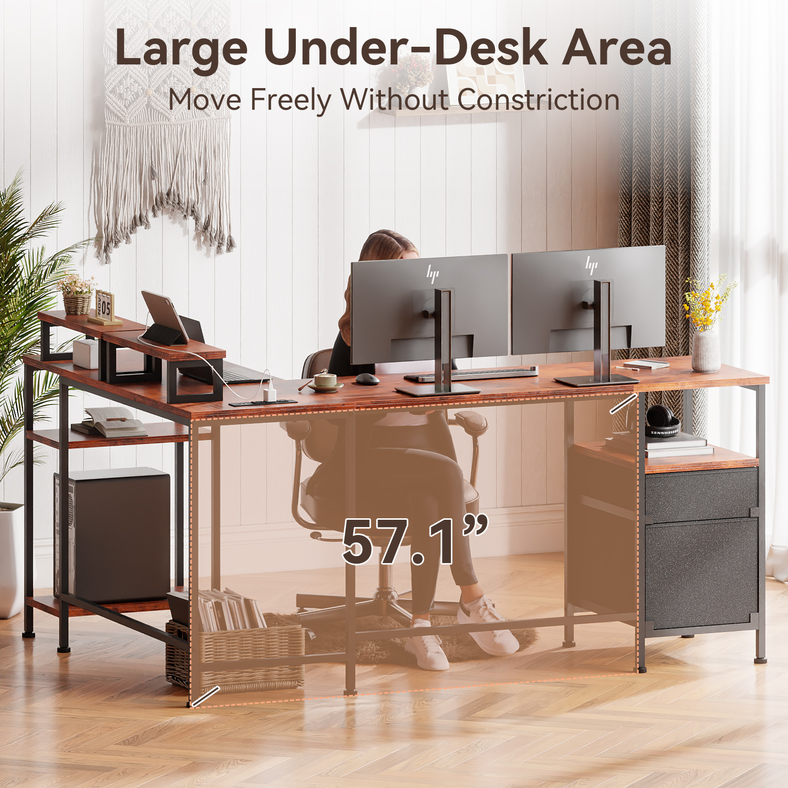 Satifur Computer Desk 66" L-Shaped, Corner Desk with Power Outlet, Reversible Gaming Desk, Rustic Brown