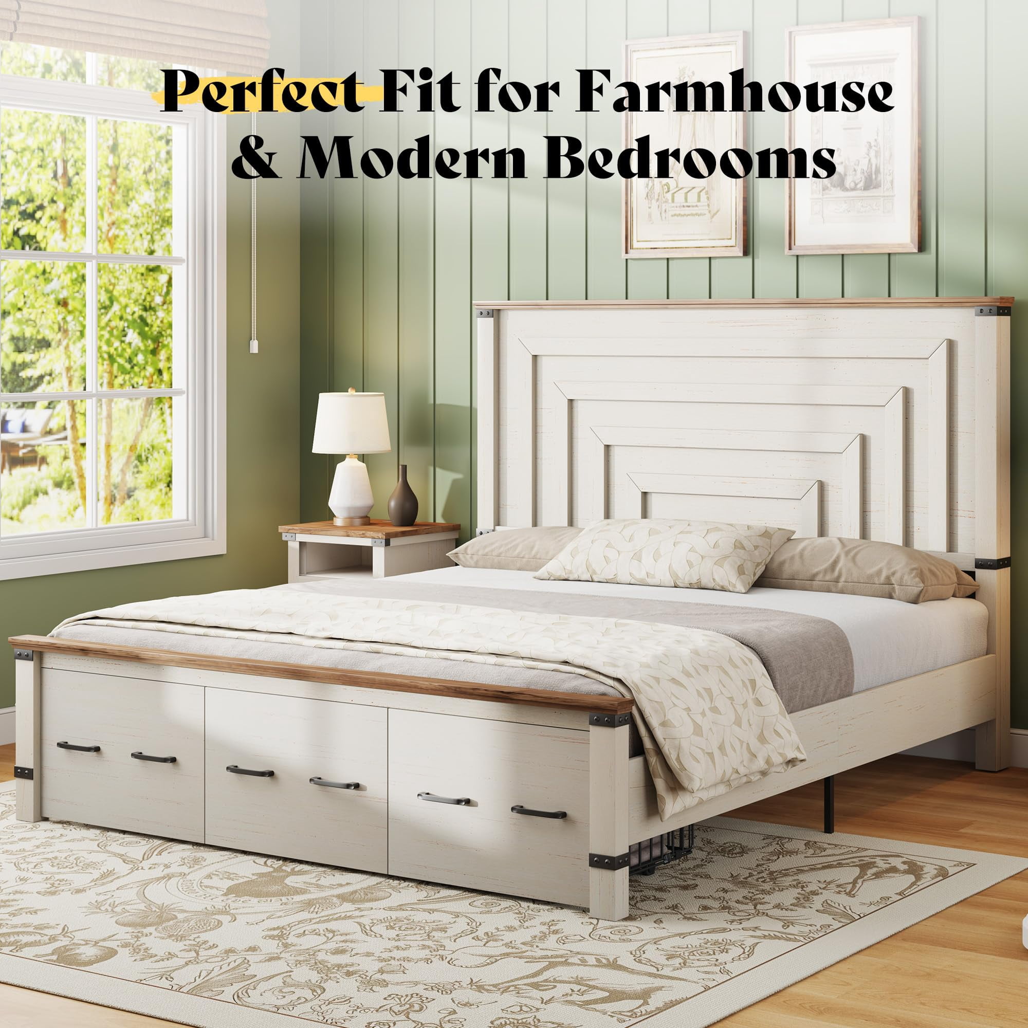 PLAUIN Farmhouse King Size Bed Frame, Rustic Wood Platform with Footboard & Wood Slats, White