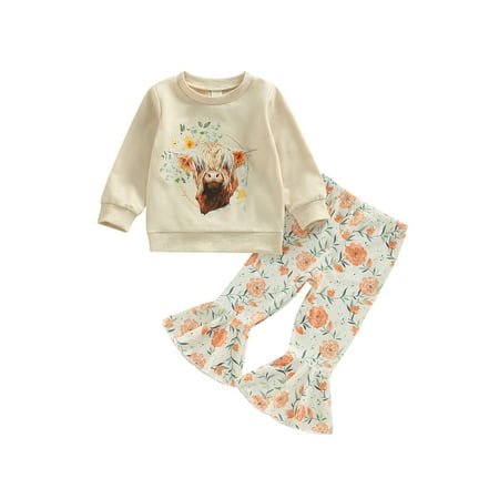 

Toddler Baby Girl Western Outfit Long Sleeve Pullover Sweatshirt Cow Print Flare Pants Bell Bottom Winter Sets
