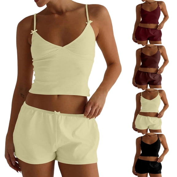 Womens Pajama Set Suspenders Bow Tank Top Shorts Solid Color Lightweight Pajamas Yellow