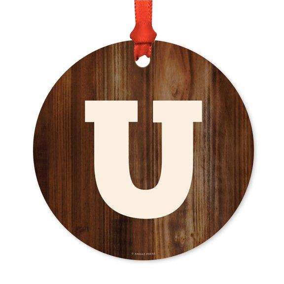 Metal Christmas Ornament, Monogram Letter U, Rustic Wood, Includes Ribbon and Gift Bag