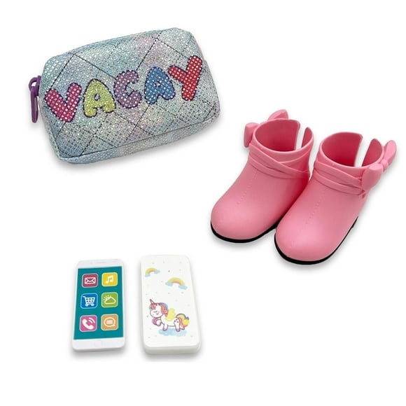 My Life As Vacay Bag, Pink Boots, and Cell Phone Accessory Bundle for 18 inch Dolls, Fashion accessories for dolls
