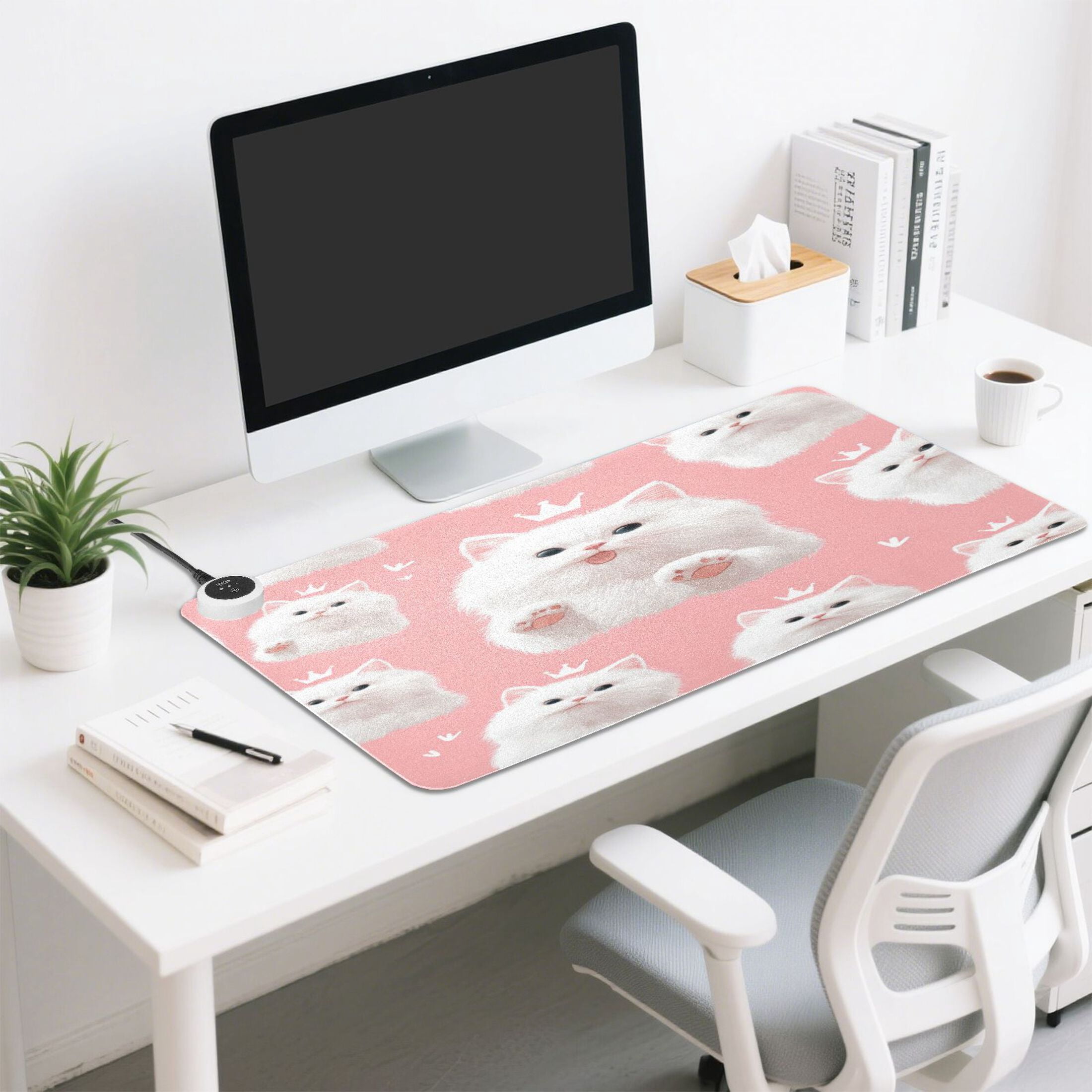 Large Heated Desk Mat Mouse Pad 31.5"x13"PU Leather Graphene Heating Desk Warmer with 3 Temperature Settings 110V US Plug Non-Slip Warm Pad for Home, Office, and Gaming Happy White Cat Face