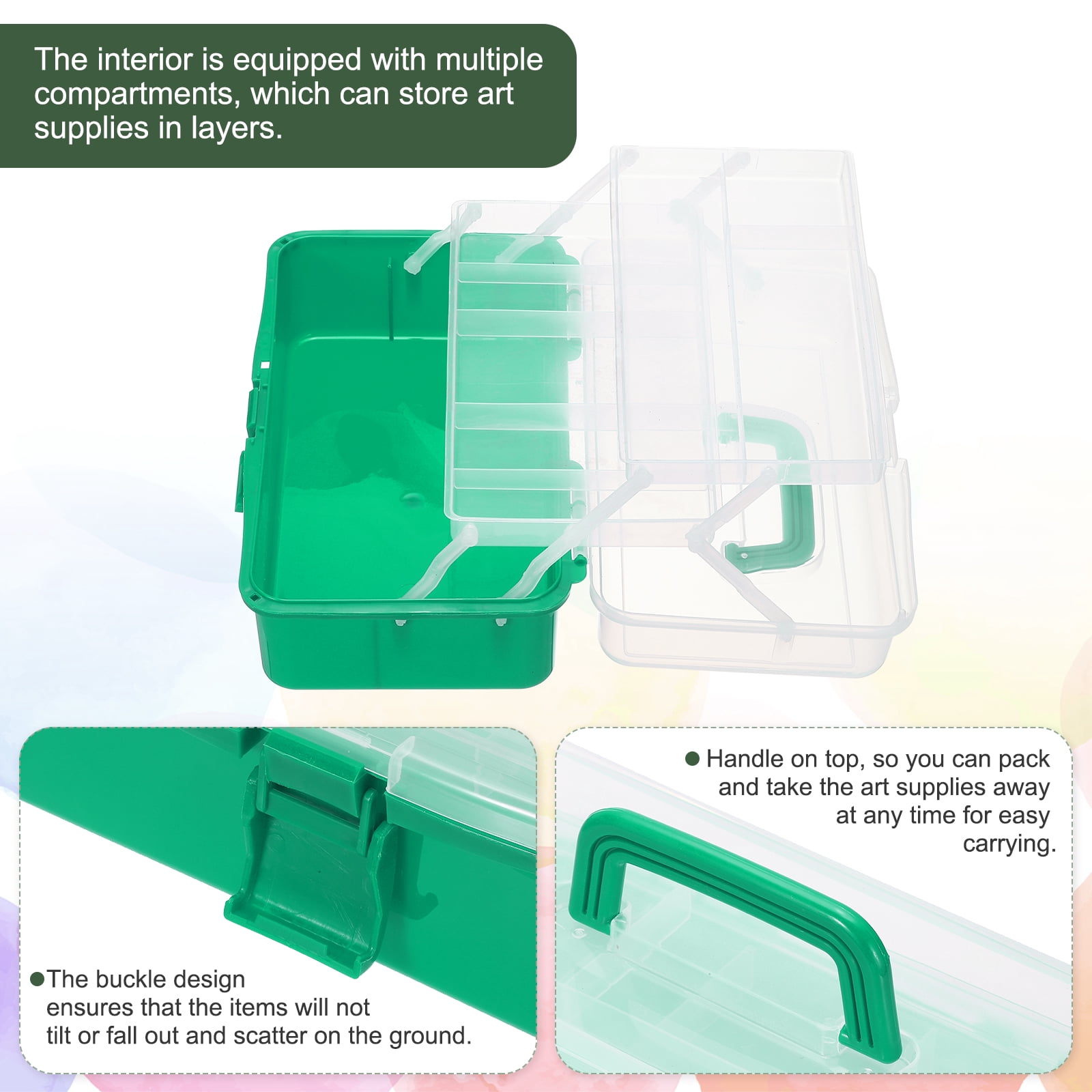 Uxcell Art Supply Storage Organizer, 3-Tray Craft Tool Box Art Supplies Organizer with Handle Buckle for Brushes Paints Stamps, Trans Green
