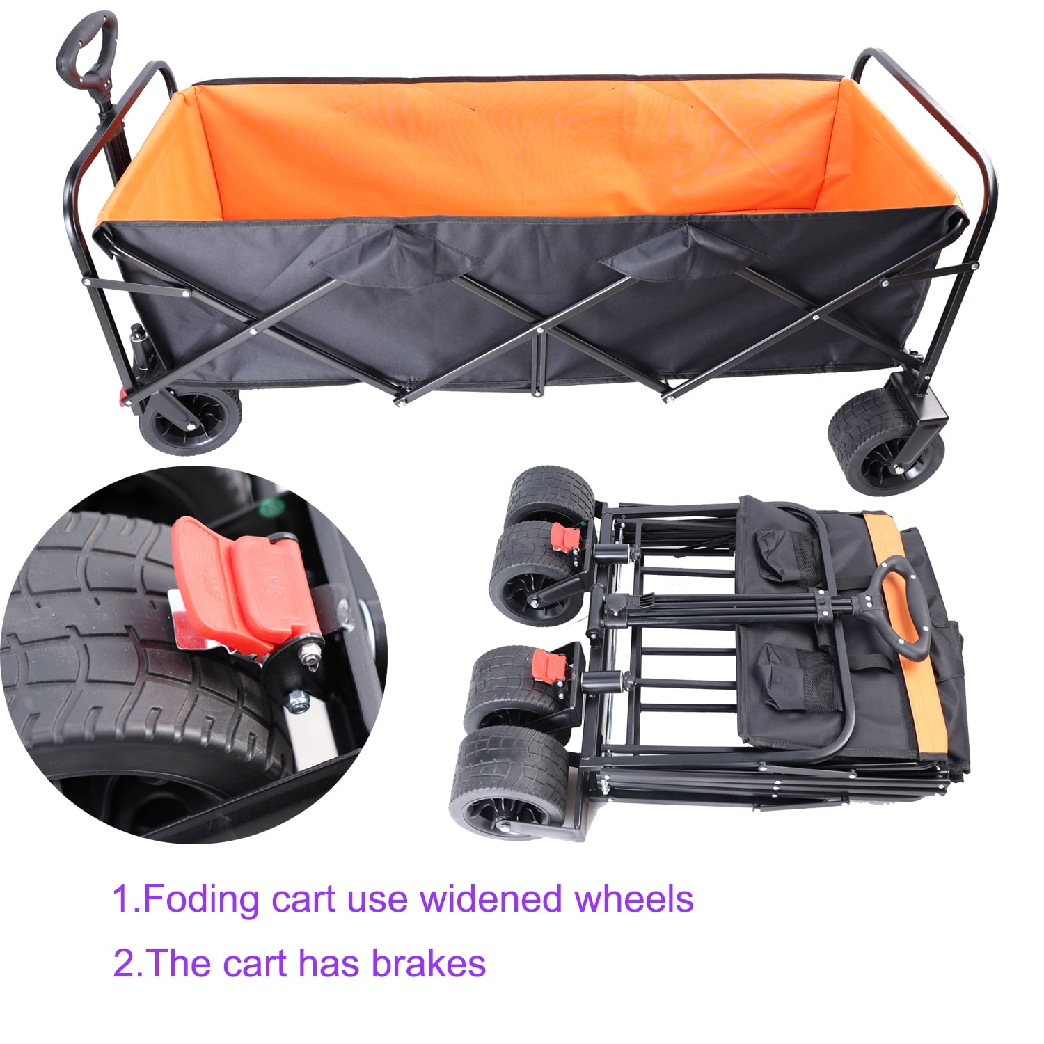 MAYEERTY Large Capacity Folding Wagon Cart, 150LBS Extender Brake Wheels, Black Orange for Garden Beach Shopping