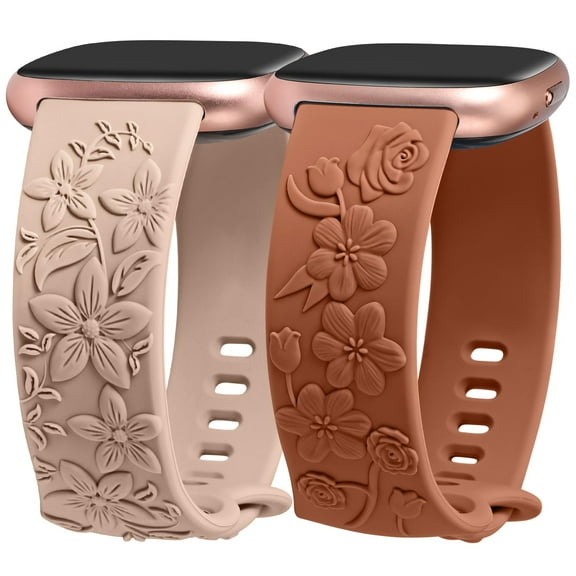 TOYOUTHS 2 Pack Floral Engraved Band Compatible with Fitbit Versa 4/Versa 3/Sense 2/Fitbit Sense Band Women, Cute Embossed Silicone Wildflower Rose Design Soft Sport Fancy Summer Replacement Strap