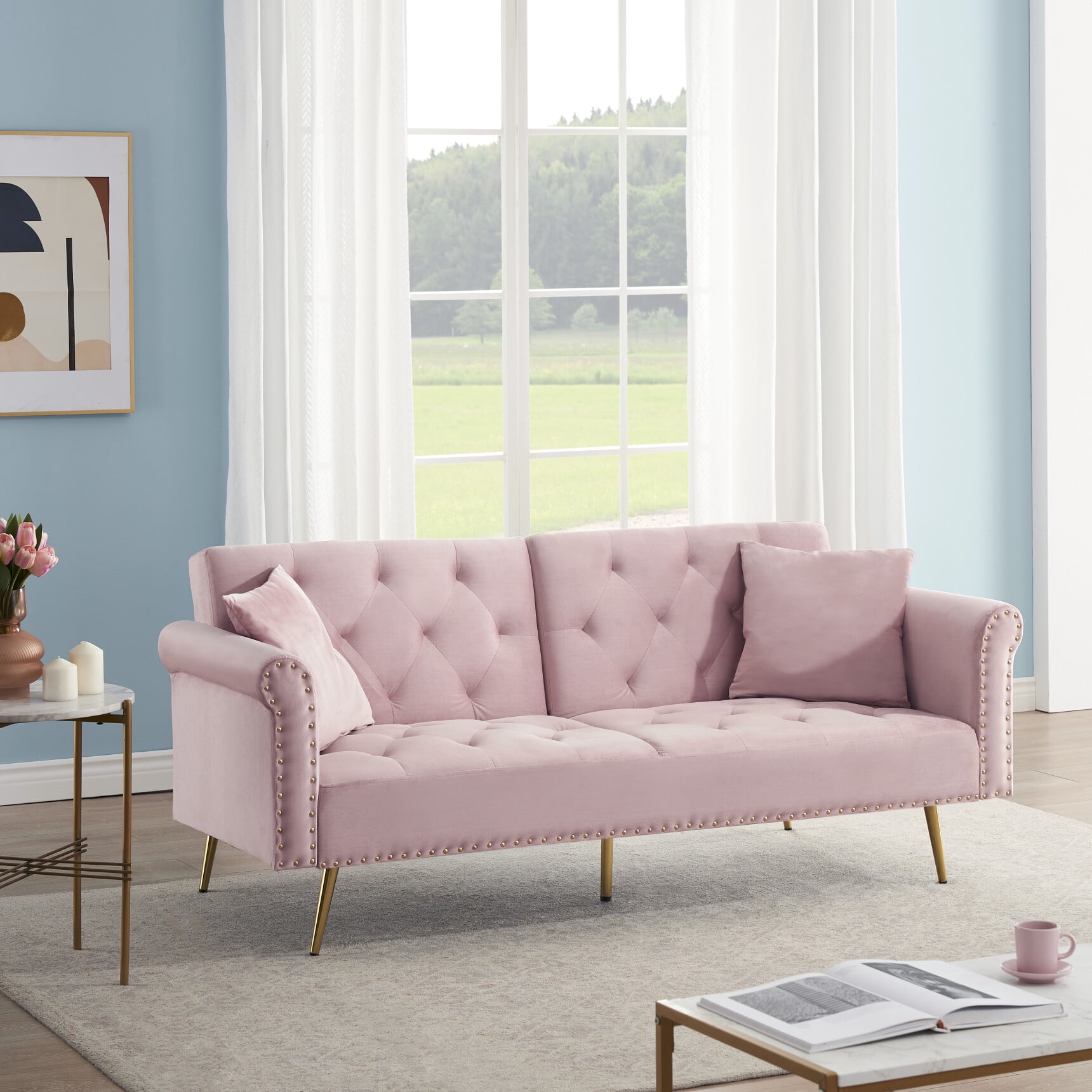 Velvet Convertible Sofa Bed with Adjustable Backrest, Loveseat Couch