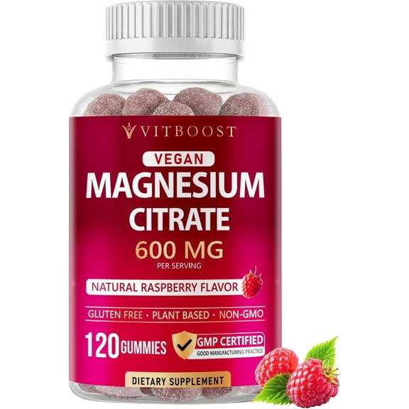 Vitboost Magnesium Citrate Gummies 600mg - 120 Count Vegan Magnesium Gummies for Relaxation & Muscle Support - Natural Raspberry Flavor - Non-GMO, Gluten Free, Plant Based