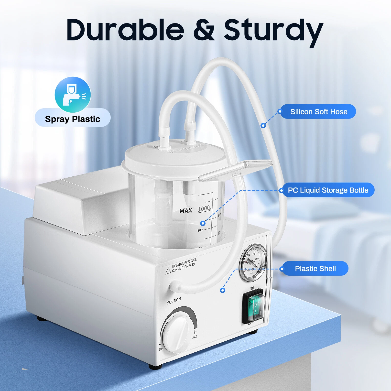 Portable Phlegm Suction Unit 11L/min 0.07MPa, Oil-Free Aspirator Machine 1000ml Removable Bottle for Home Hospital COPD Elderly Care, 110V AC