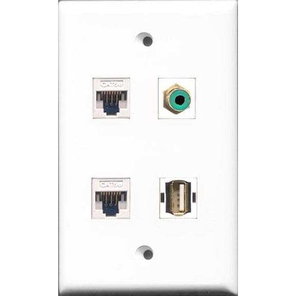 RiteAV 1 Port RCA Green and 1 Port USB A-A 2 Port Cat5e Ethernet White Wall Plate