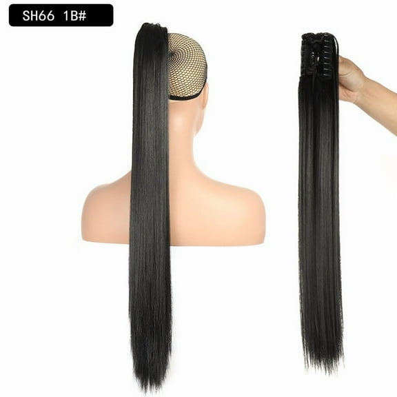 HONMEET 24 Inch Black Straight Ponytail Hair Extension Synthetic Clip-In Fake Ponytail Hairpiece for Women and Girls