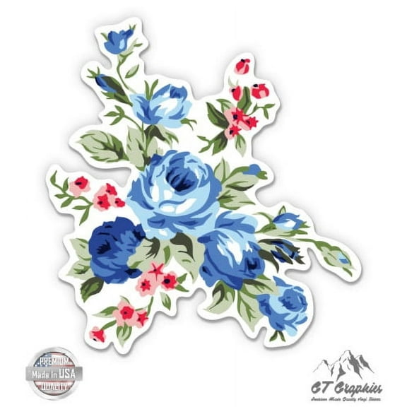 Vintage Blue Flowers Floral Design - 3" Vinyl Sticker - For Car Laptop I-Pad Phone Helmet Hard Hat - Waterproof Decal
