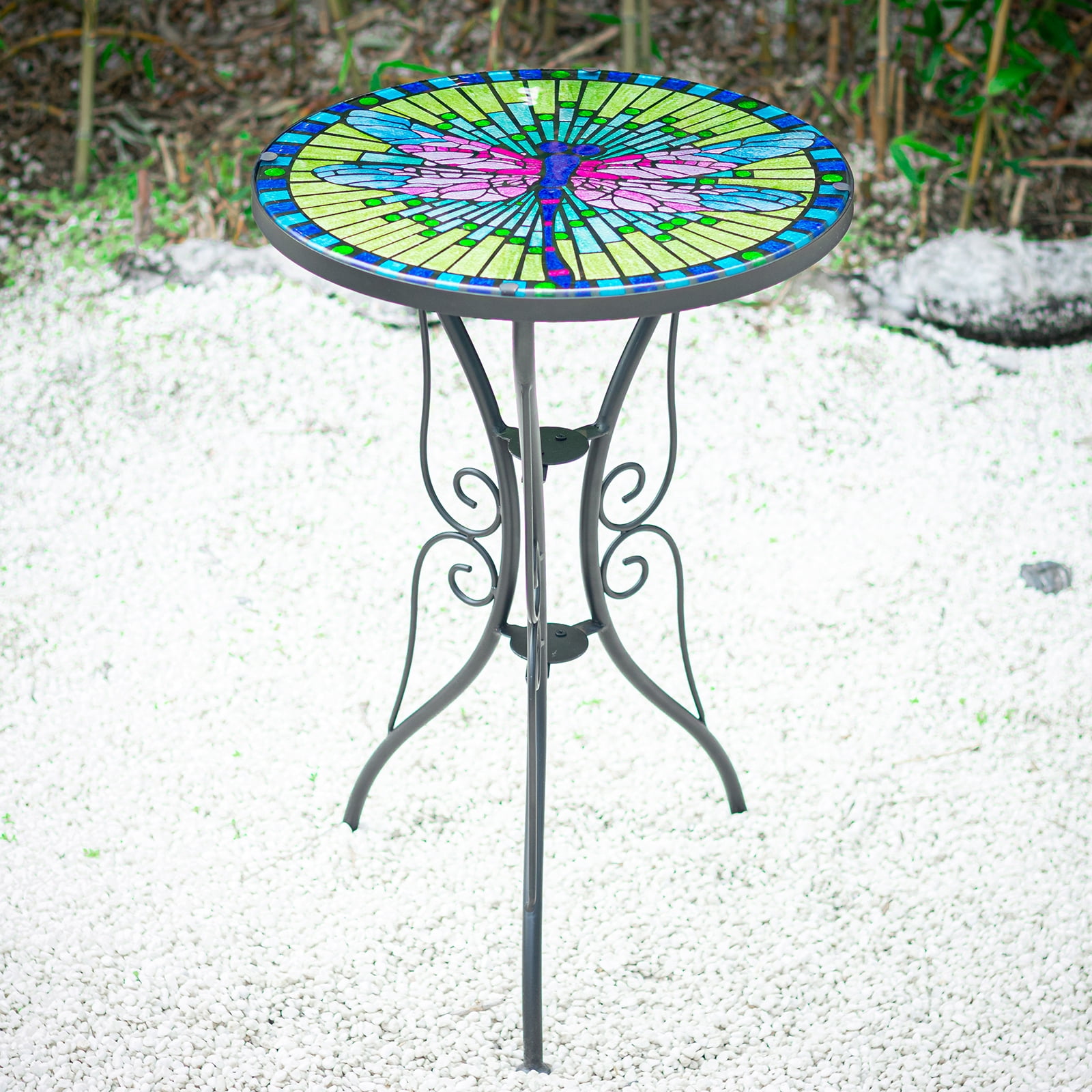 Wonder Garden 21.4"H Side Table Round Dragonfly Plant Stand Accent Yellow End Table Coffee Table for Garden, Patio, Porch
