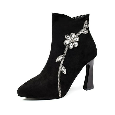 

Tenmix Womens Fashion Dress Shoes Work Anti-Slip Floral Driving Rhinestone Booties Black Plush Lined 4