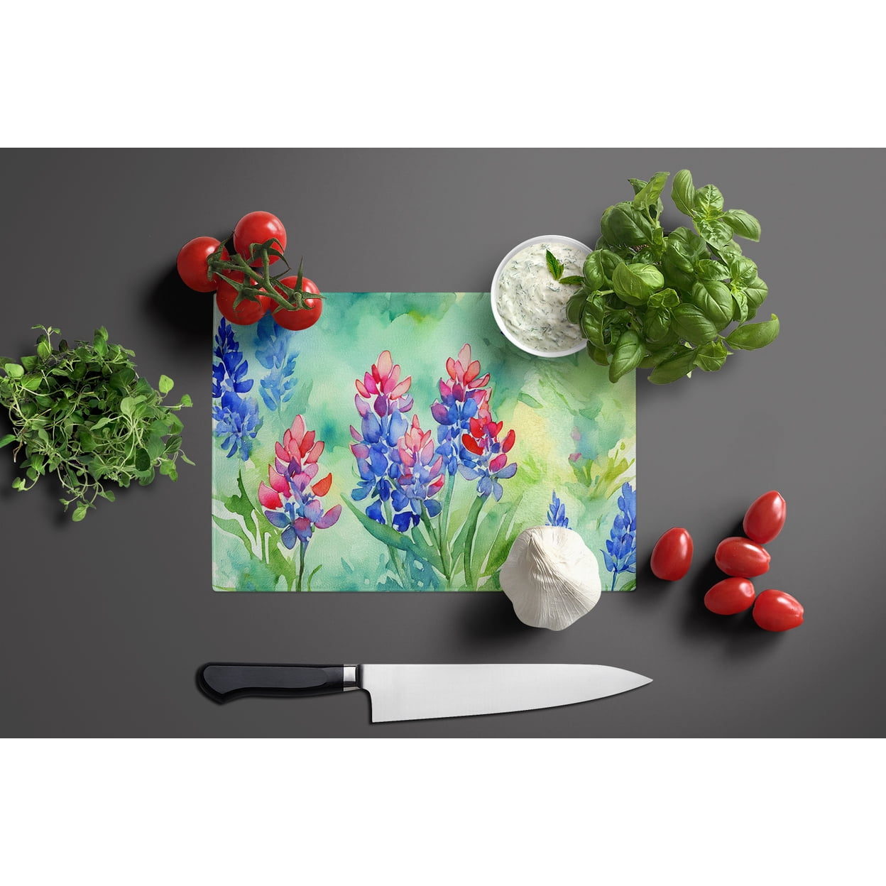 Texas Bluebonnets in Watercolor Glass Cutting Board Large 12 in x 15 in