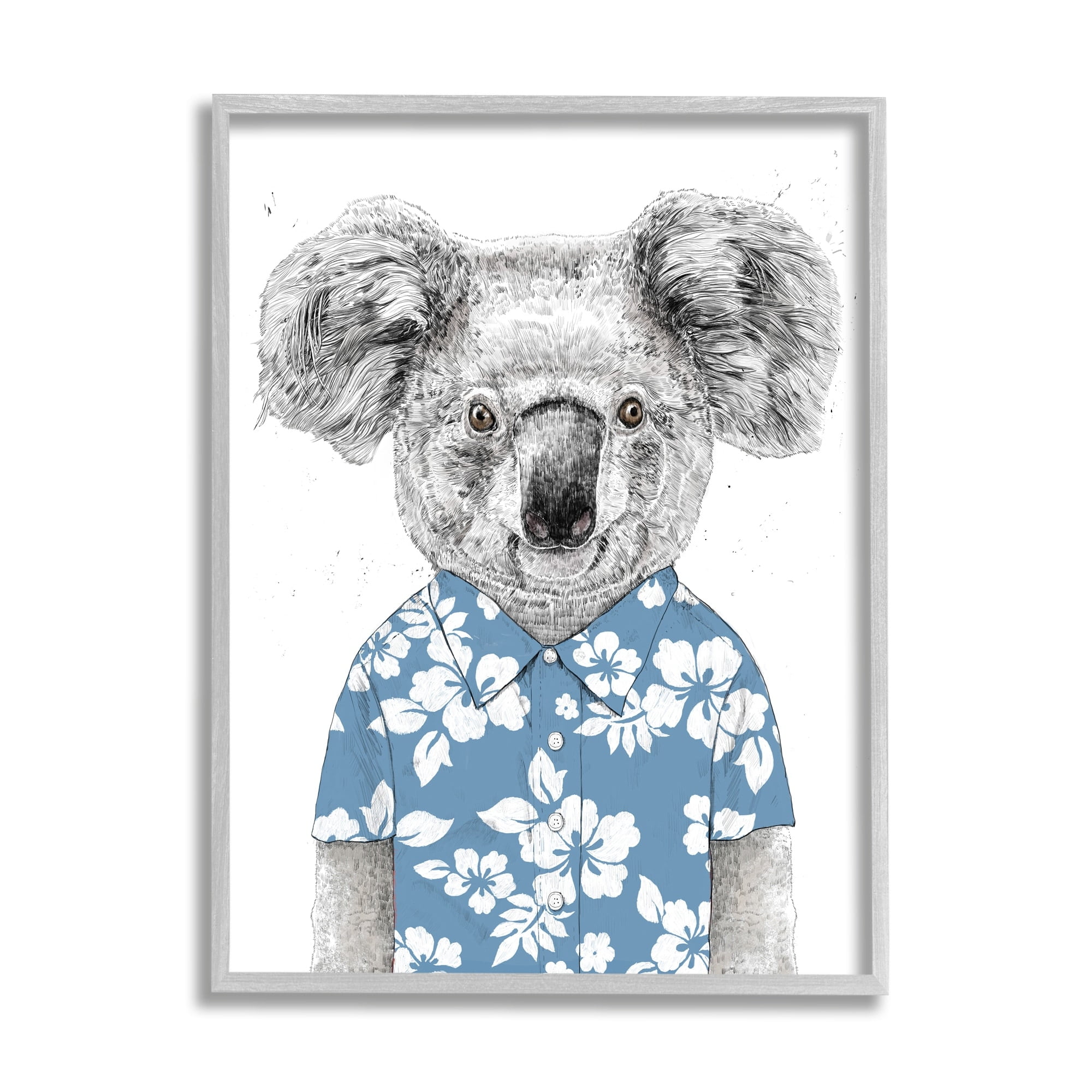 Stupell Industries Monochrome Koala Blue Aloha Shirt Hibiscus Botanicals Framed Wall Art, 16 x 20, Design by Balazs Solti