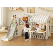 KORIMEFA 10-in-1 Toddler Playset - This toddler slide includes an extra-long slide, climber with handrails, an aisle, a tunnel for crawling & football-kicking, a telescope, a basketball hoop & ball