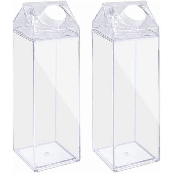 2 Pack 17oz/500ml Milk Carton Water Bottle Plastic Milk Box BPA Free Child Friendly Reusable Milk Carton Shaped Water Bottle Leakproof Juice Tea Jug for Travelling Sports Camping Outdoor Activities