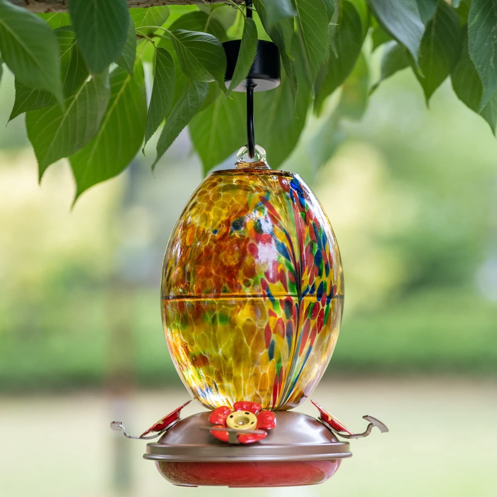Amber Fireworks Blown Glass Hummingbird Feeder For Outdoors