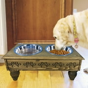 Raised Wooden Pet Double Diner with Stainless Steel Bowls - Rustic Brown - Medium