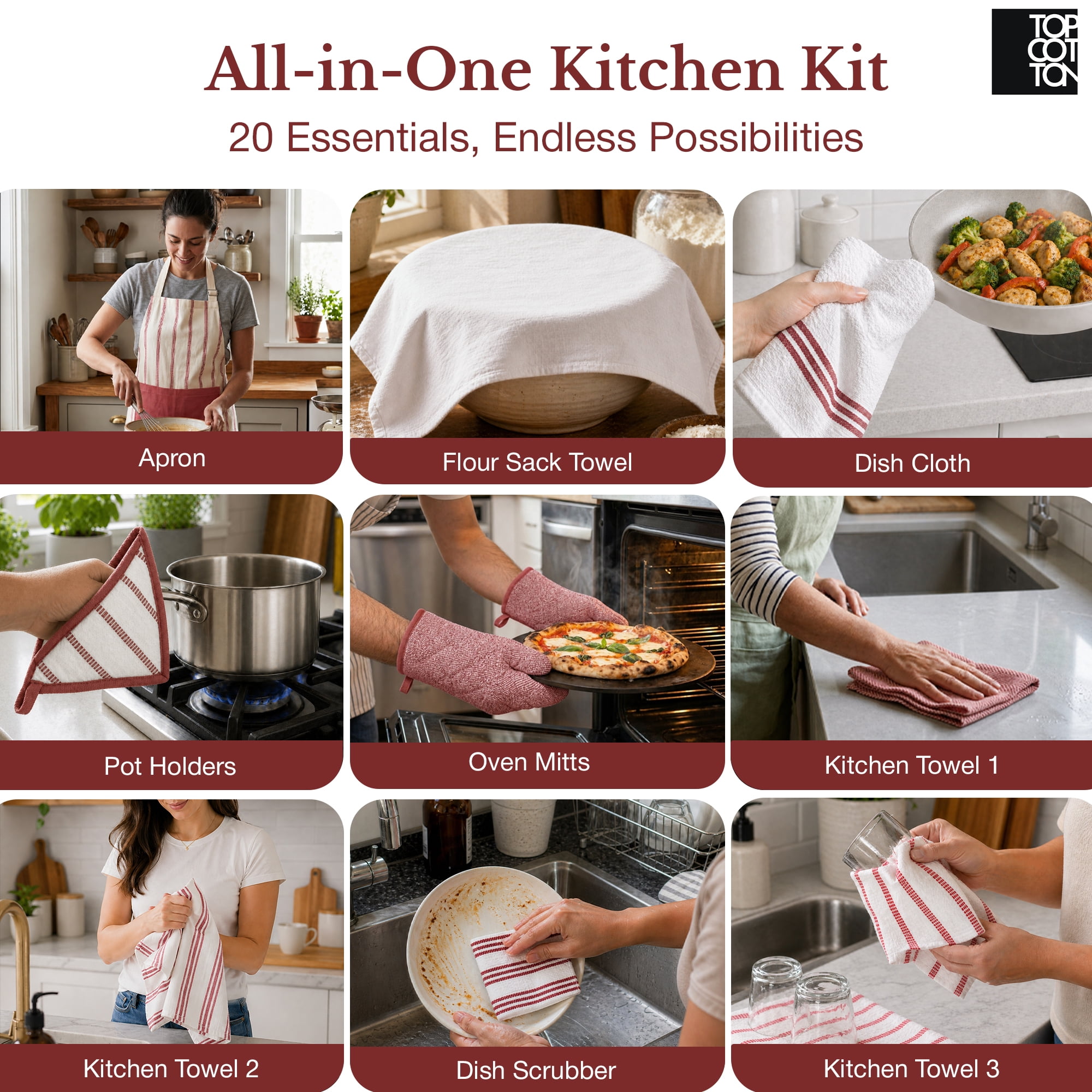 Top Cotton 20 Piece Kitchen Linen Set, Cotton Kitchen Towels, Dishcloths, Apron, Oven Mitts and Pot Holders (Maroon)