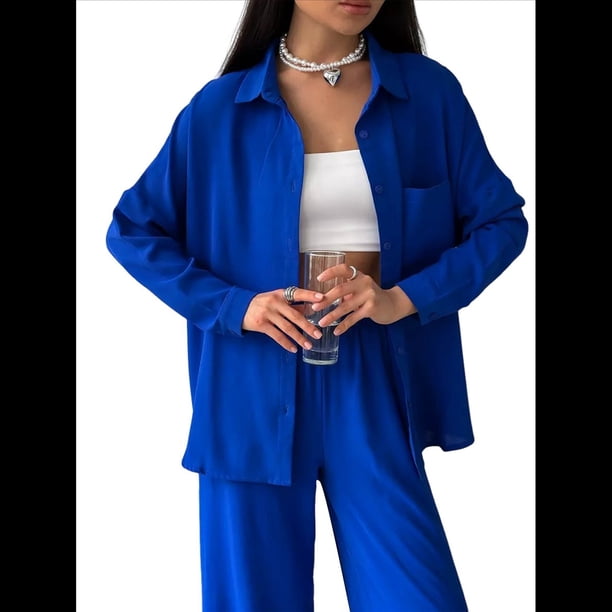 Conjuntos Casuales de Salón para Mujer, Camisas de Larga con Botones y Pantalones de Pierna , Conjuntos de Chándal Azul L