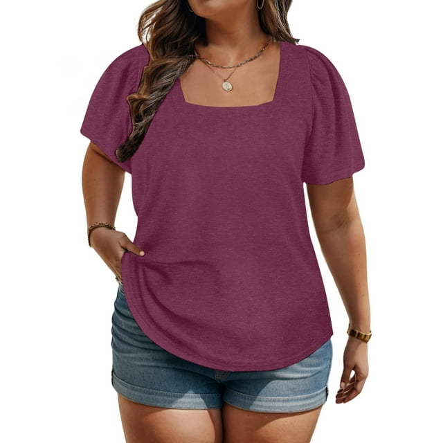 Jsaierl Womens Plus Size Short Sleeve Tunics Casual Loose Square Neck Tops Solid Color Home Workout Shirts Summer Basic Simple Blouses