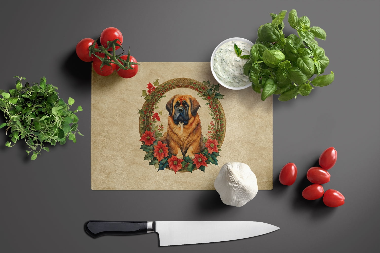 Tibetan Mastiff Christmas Flowers Glass Cutting Board 12 in x 15 in