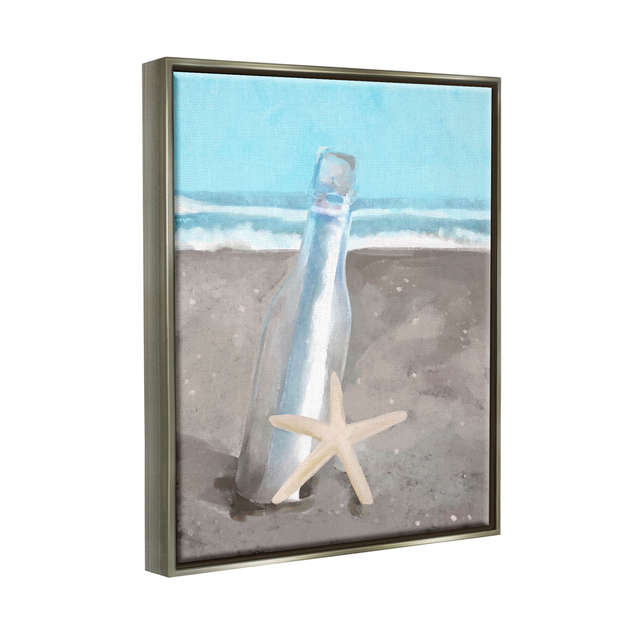 Message Bottle Beach Shore Coastal Graphic Art Luster Gray Framed Art Print Wall Art