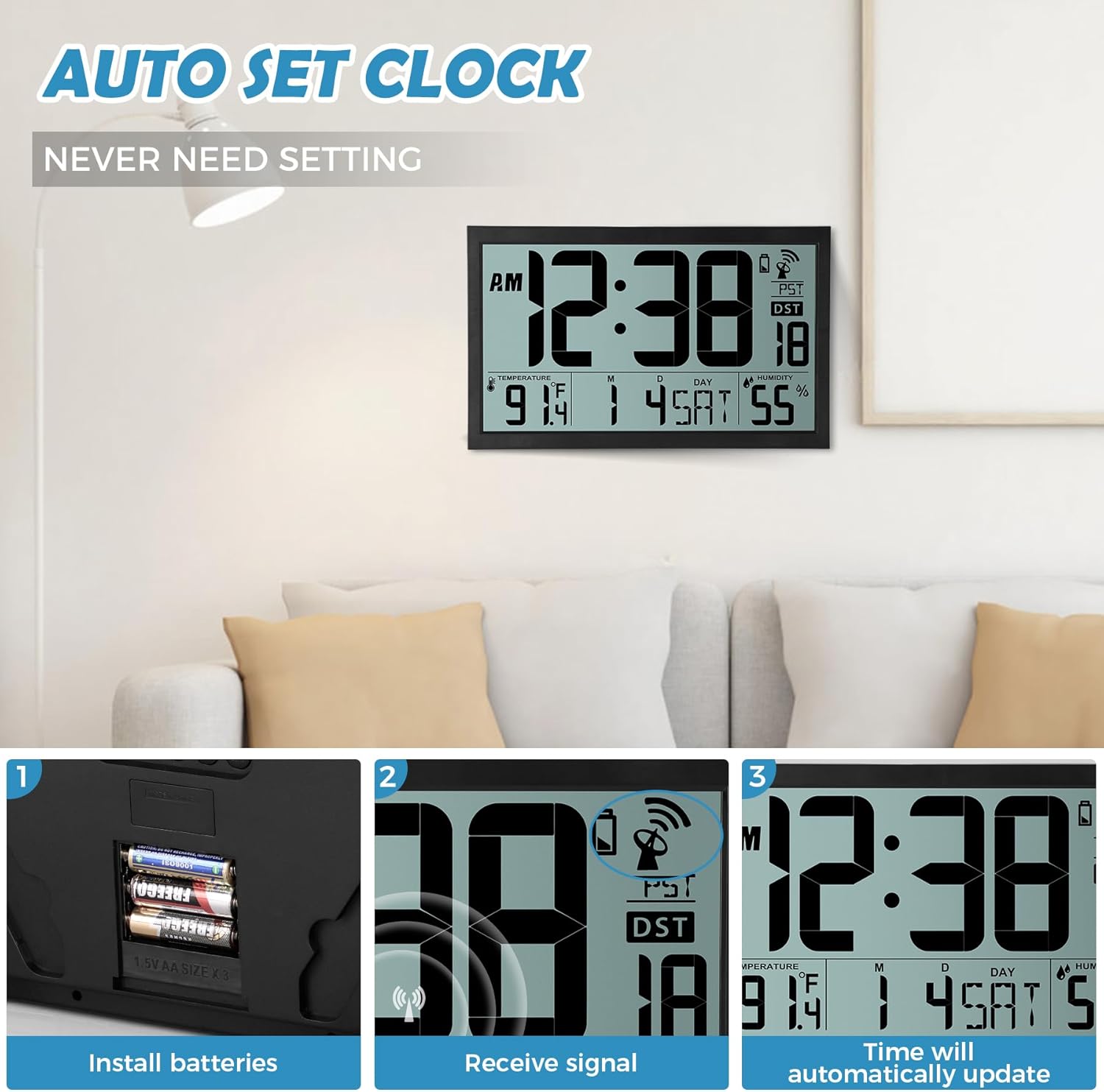 16.7 Inch Large Digital Atomic Wall Clock with Calendar Temperature Humidity Indoor Display Battery Operated Auto Setting for Bedroom Office Classroom