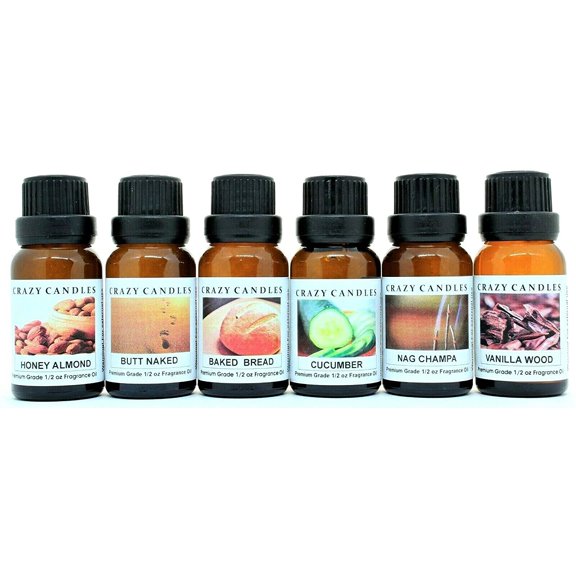 6 Bottles Set (Made in USA) Honey Almond, Butt Naked, Baked Bread, Cucumber, Nag Champa, Vanilla Wood 1/2 Fl Oz Each (15ml) Premium Grade Fragrance Oils