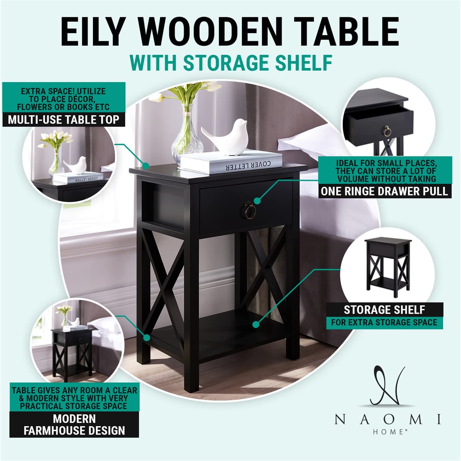Eily Night Stand Bedside Table with Drawer Wooden Side Tables Bedroom Night Stands for Bedrooms Small Nightstand End Table with Drawer and Shelf Ideal for Small Spaces 1.8 ft Night Stand White - image 4 of 10