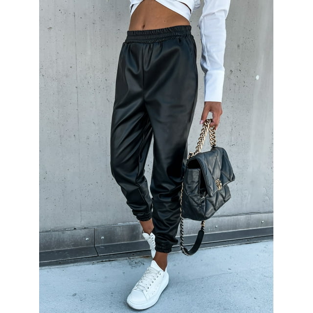 Pantalones largos de cuero casuales de cintura media elegantes de otoño e invierno europeos y americanos con bolsillos para mujeres