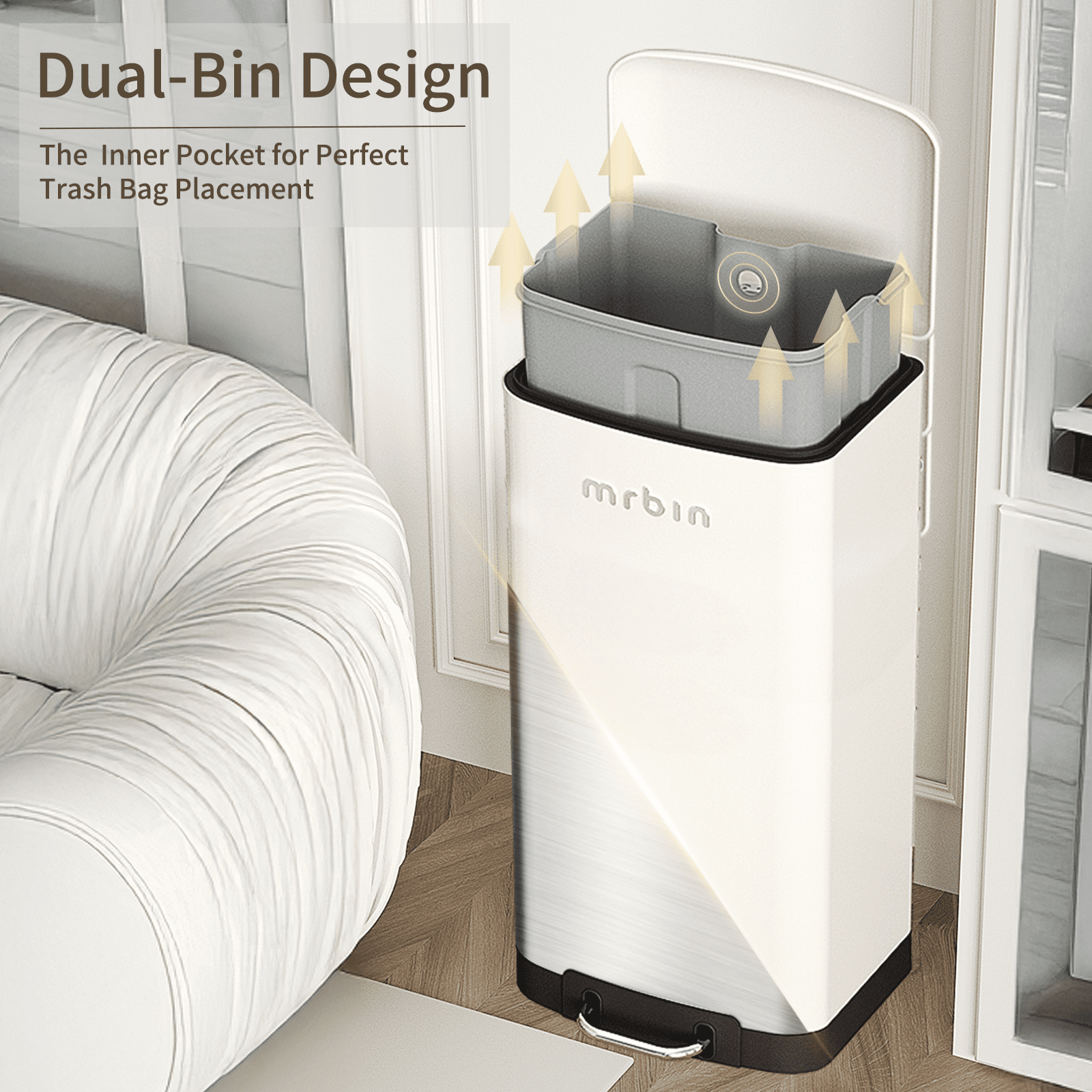 MRBIN Metal Kitchen Trash Can, Commercial Step Office Garbage Bin with Soft Close Lid, 40L / 10.5gal Stainless Steel Foot Pedal Tall Rectangle Waste Basket for Rv, Bathroom Accessories, White