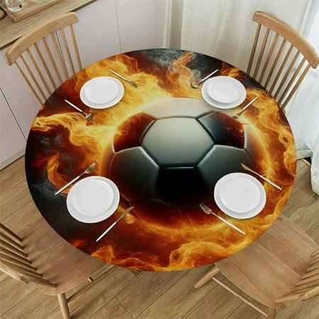 PIKWEEK Soccer Football Round Fitted Tablecloth Fitted Table Cloth for Round Table Waterproof Wipeable Round Elastic Table Cloth Circular Table Cover with Elastic Edge
