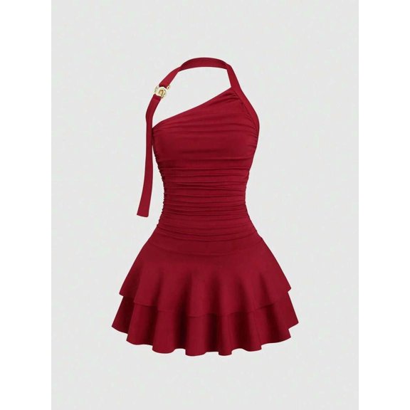 Burgundy Halter One-Shoulder Ruched Waist Tiered Mini Dress For Women Spring Summer