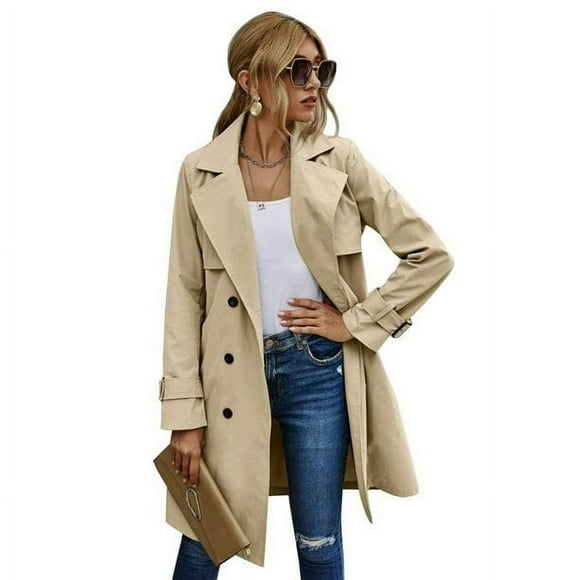 Women Solid Color Long Sleeve Lapel Double Breasted Belted Trench Coat