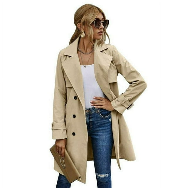 Trench-Coat à Manches Longues pour Femmes, Couleur Unie, Double Boutonnage