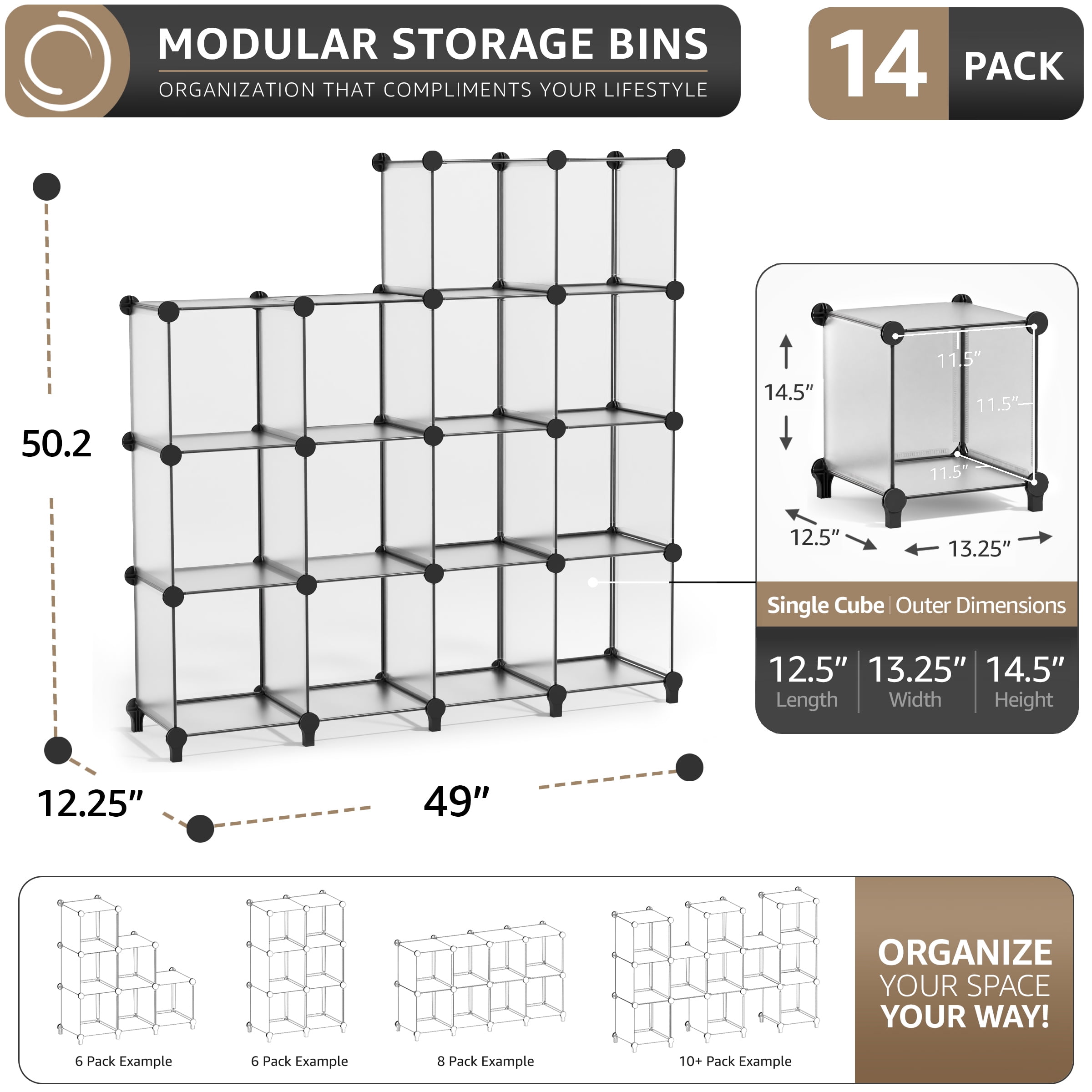 Sorbus 14-Cube Storage Organizer, Waterproof Cubby Shelf for Closet & Bedroom, Clear