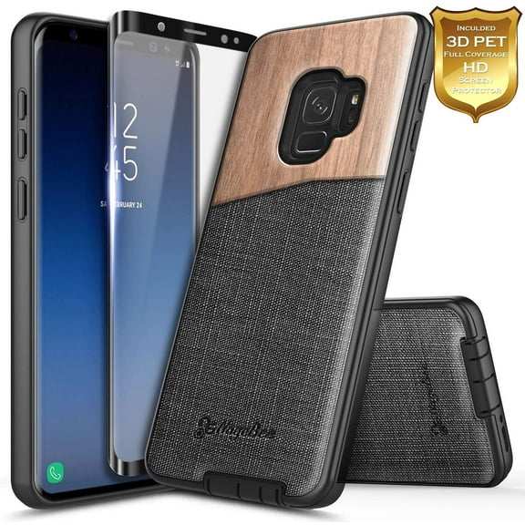 For Samsung Galaxy S9 Plus Case with [Full Coverage Soft Screen Protector], NageBee Premium [Natural Wood] Canvas Fabrics Heavy Duty Shockproof Hybrid Defender Rugged Durable Case -Wood