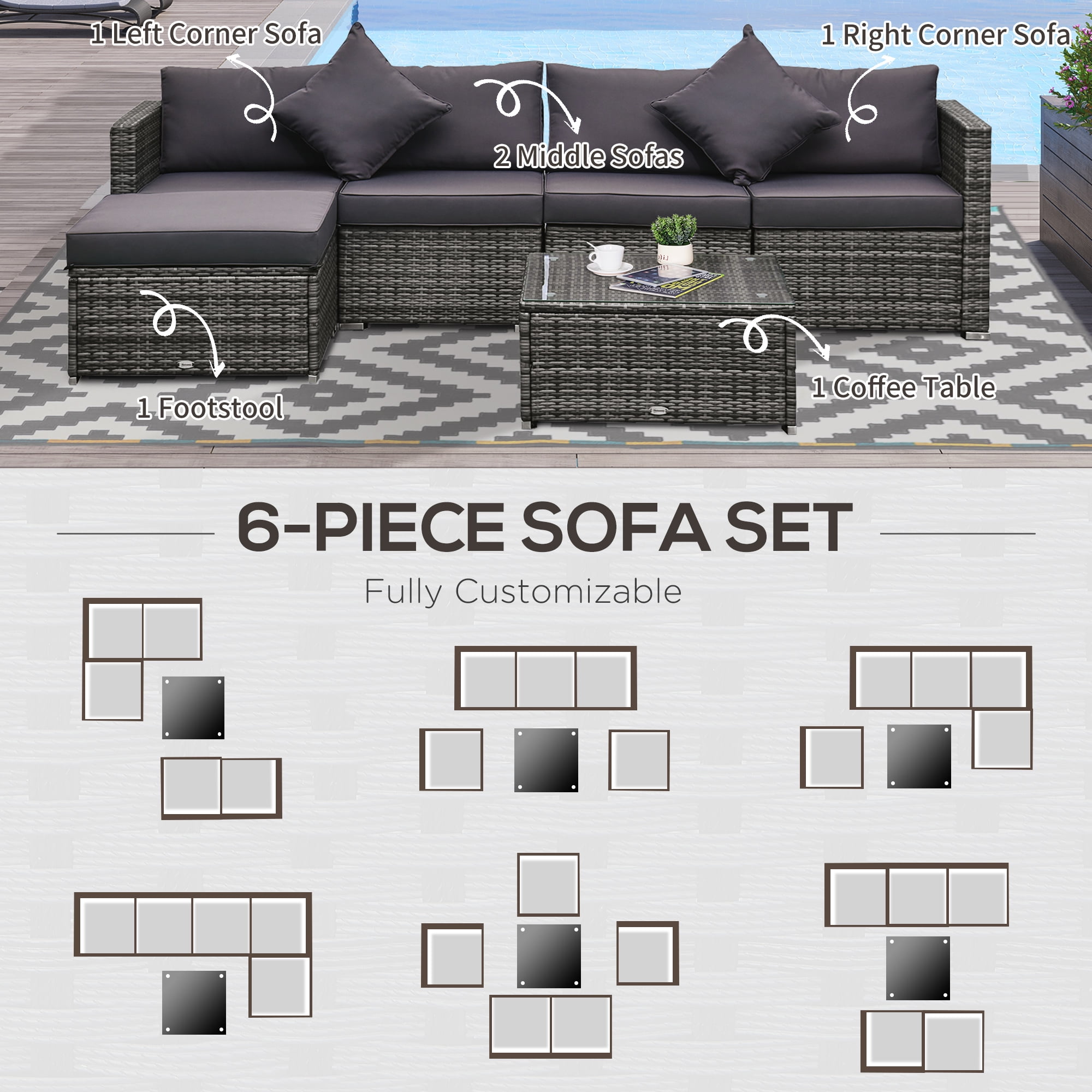 Outsunny 6 Piece Patio Corner Furniture Set PE Rattan Wicker Ottoman Cushions Glass Table Mixed Gray Charcoal Walmart