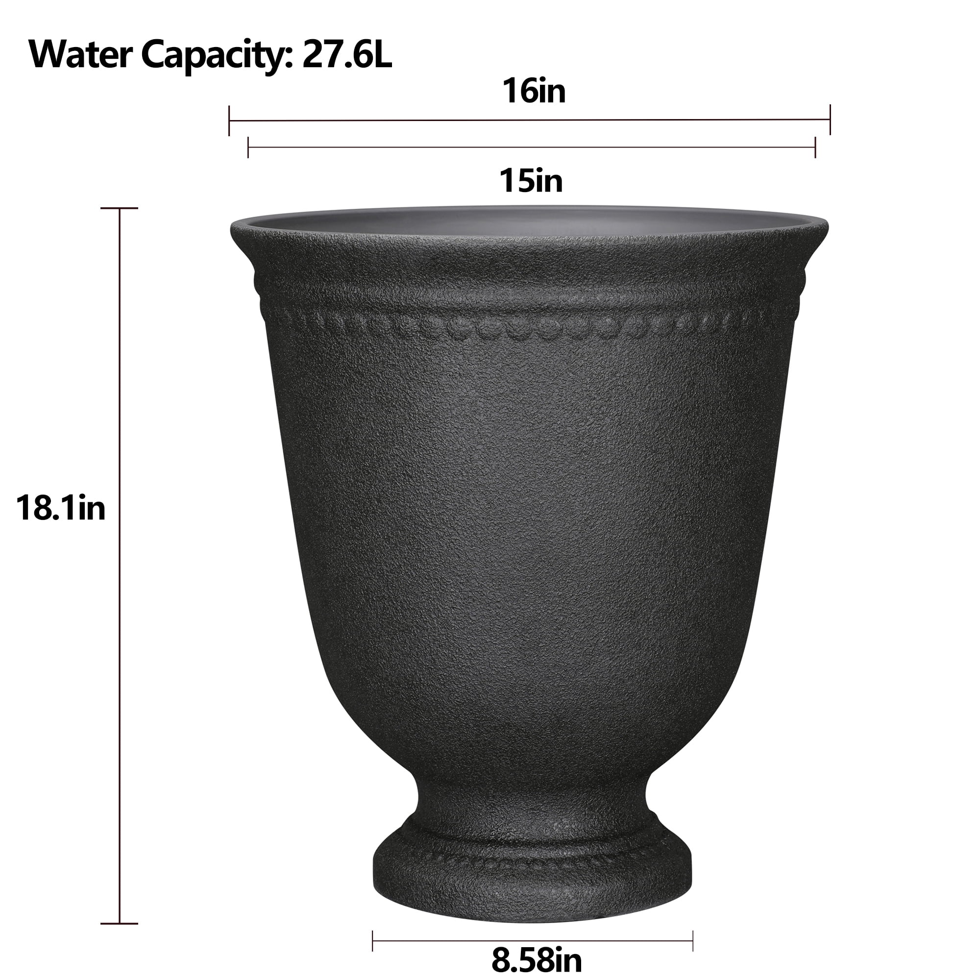 My Texas House Asti Urn Planter, 16 Inch Diameter x 18.1 Inch Height, Black, 100% Recycled Resin