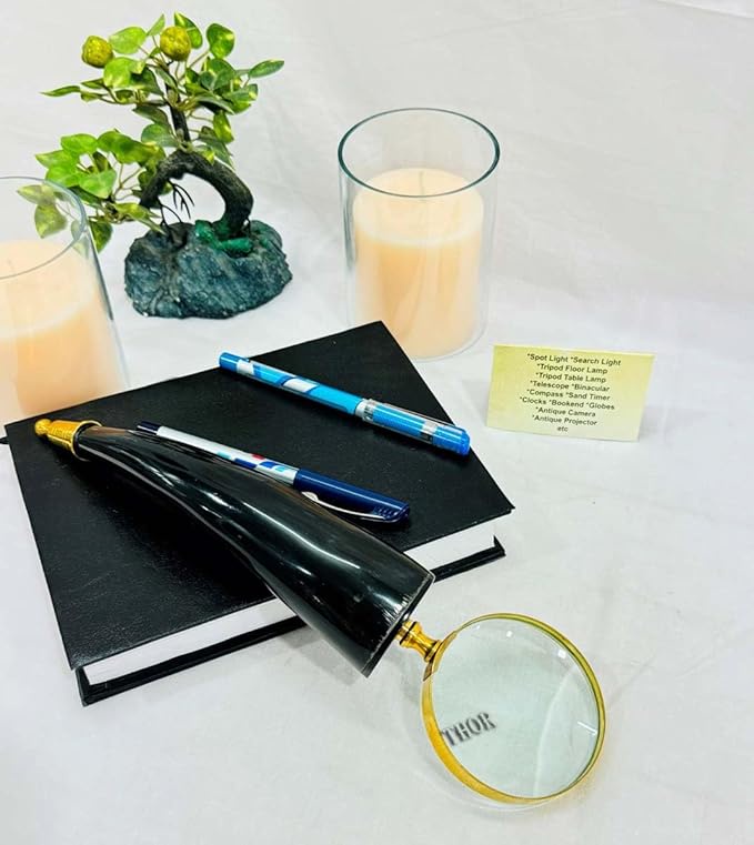 Vintage style magnifying glass hand lens with a horn handle. Old world charm. Read small print easily, use for home & hobby. 12 inch