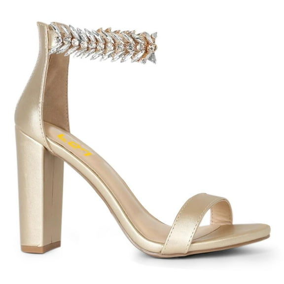 FSJ Women Graceful Embellished Crystal Ankle Strap Sandals Open Toe Zipper Back Chunky High Heels Party Date Dressy Shoes Size 8 Gold