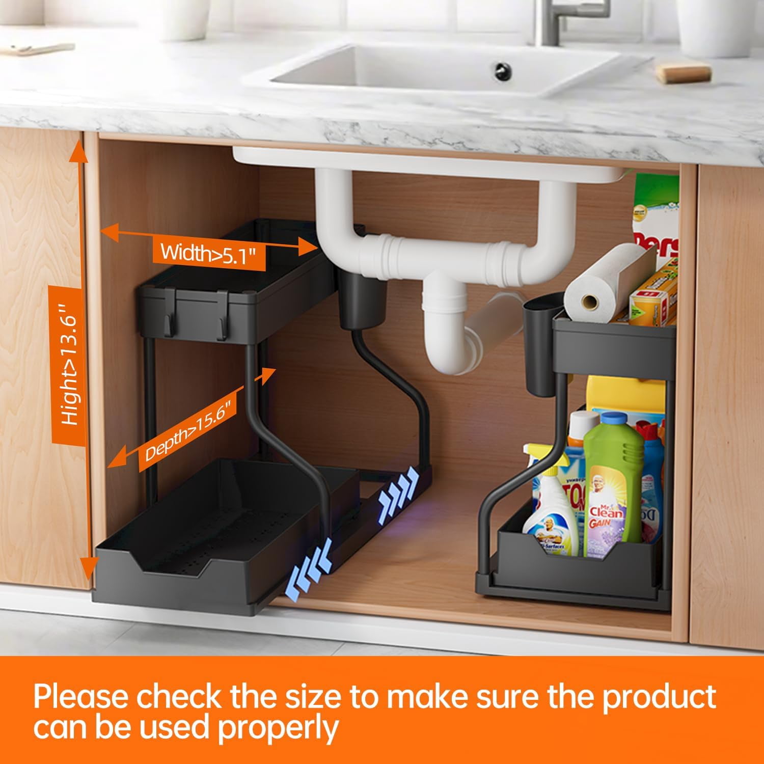 2 Set of 2-Tier Bathroom and Kitchen Under Sink Organizers and Storage - L-Shaped Design with Sliding Storage Drawer, Pull Out Cabinet Storage Shelves Maximize Space